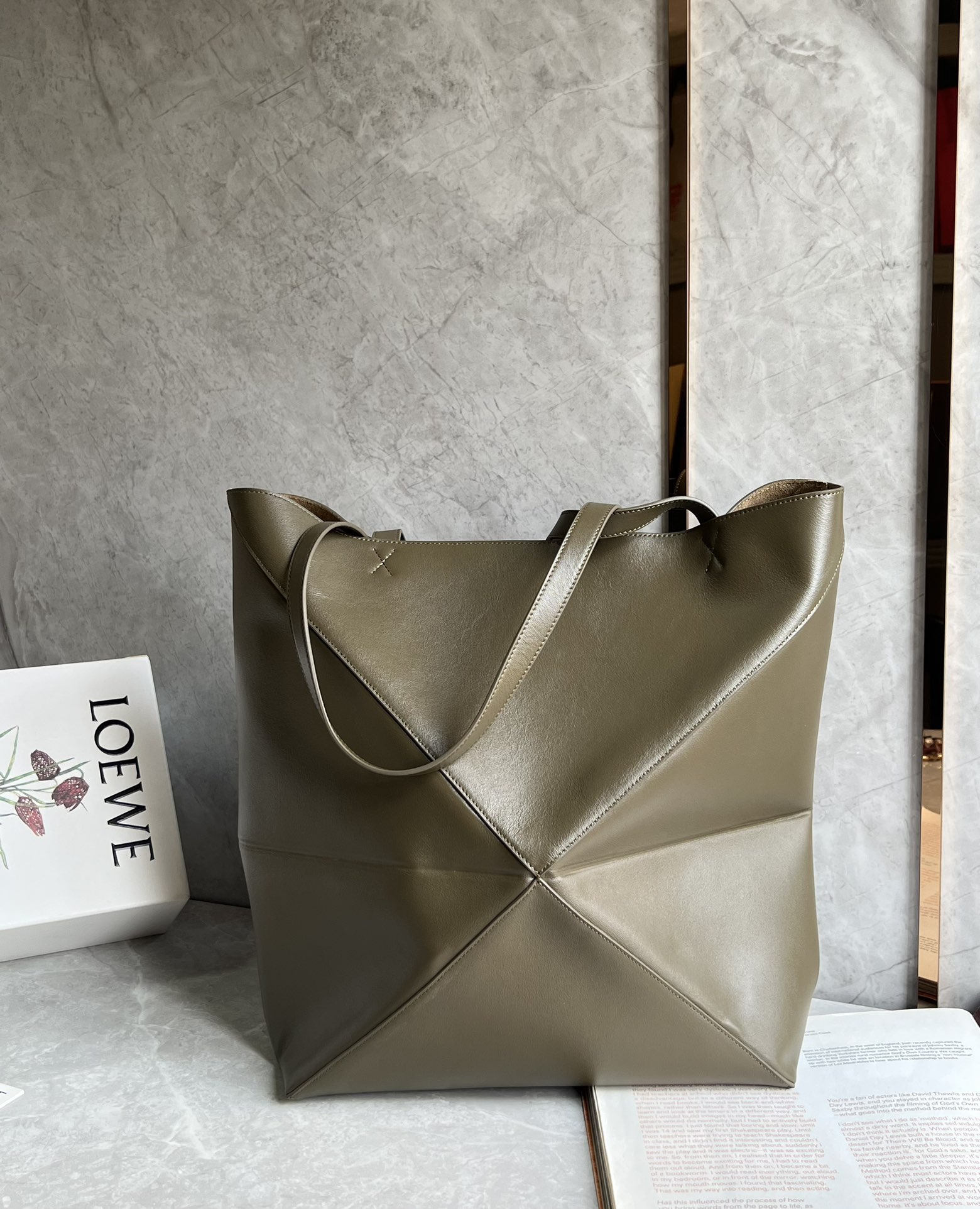 Loewe XL Puzzle Fold Tote in Shiny Calfskin Forest Green